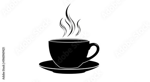Black silhouette of a steaming hot cup of coffee on a saucer