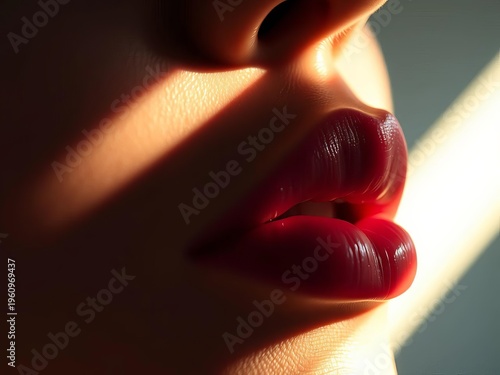 Subtle upturn of lips, a fleeting luminescence caught in gentle radiance ,  Joyful curve,  inner peace
