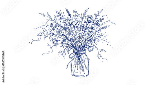 Intricate sketch of wildflowers in vase on white background