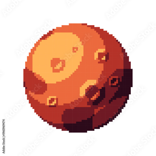 The red planet Mars with craters and rocky surface in a highly detailed pixel art vector style, perfect for astronomical science fiction and planetary exploration galaxy collections.