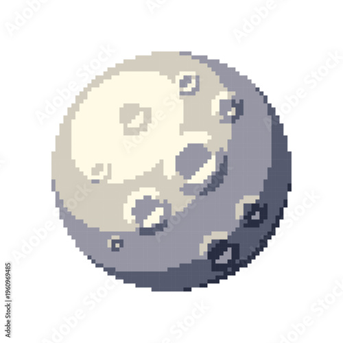 Realistic lunar surface moon with craters and shadows in detailed pixel art vector illustration, professional astronomical icon for night sky scenes and cosmic galaxy exploration.
