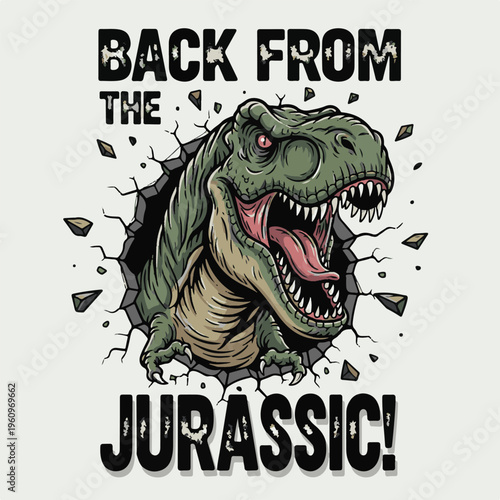 A powerful tyrannosaurus rex dinosaur bursting through a stone wall with jurassic text