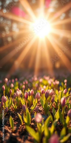 Sunlight streams through tender green shoots, painting the awakening earth in hues of softest apricot and lavender ,  earth,  artistic