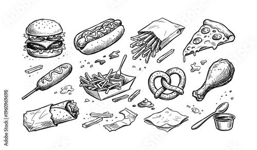 Hand-drawn fast food collection: burger, hot dog, fries, pizza, corn dog, pretzel, chicken leg