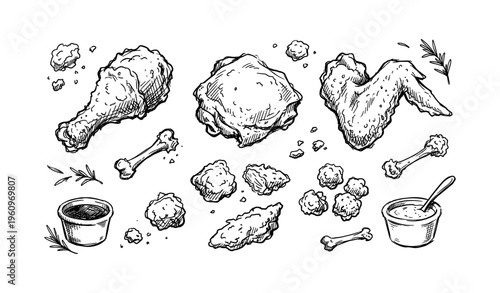 Hand-drawn fried chicken collection with drumsticks, wings, and dipping sauces