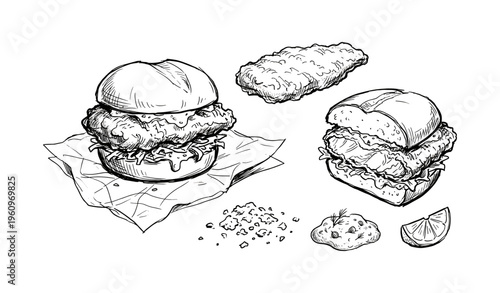 Hand-drawn fried chicken sandwiches with side dishes in black and white