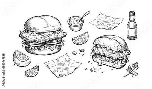 Hand-drawn chicken burgers with condiments and lemon slices