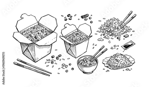 Hand-drawn takeout boxes and asian cuisine elements with chopsticks and soy sauce
