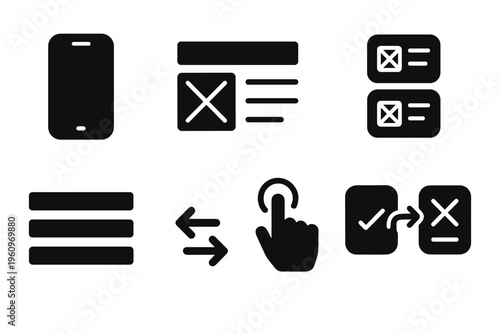 App Wireframe Icons Grid. App wireframe prototype. Filled icon set of App wireframe prototype: smartphone