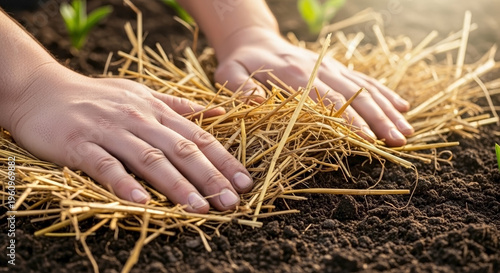 Hands gently applying golden straw mulch on dark garden soil, nurturing small plant seedlings. Fresh straw mulch helps retain moisture, regulate temperature, suppressing weeds.
