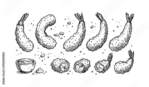 Hand-drawn fried shrimp: six pieces with sauce bowl and crumbs