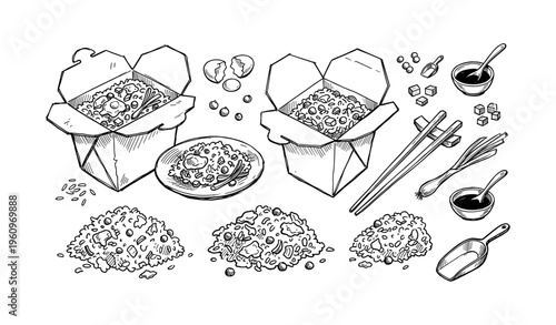 Hand-drawn asian takeout illustration with rice, chopsticks, and soy sauce elements