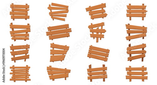 Diverse collection of rustic blank wooden signs and arrow boards, ideal as graphic elements for various design projects and informational displays