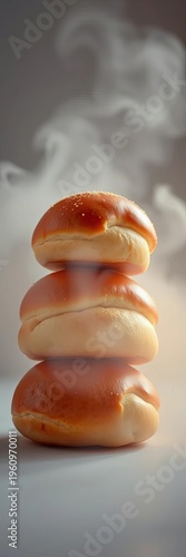 Three stacked buns drift in a soft, ethereal haze, hinting at a delightful surprise,  pastel,  restaurant