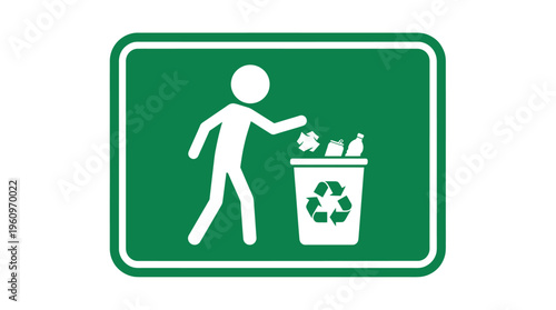 Person putting trash into recycling bin sign