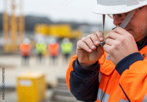 Construction worker putting on safety helmet at site. Man in high visibility jacket preparing for work. Professional builder ensuring personal protective equipment is secure on head.