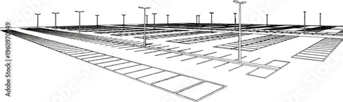 Wireframe illustration of an empty, multi-level parking lot with streetlights