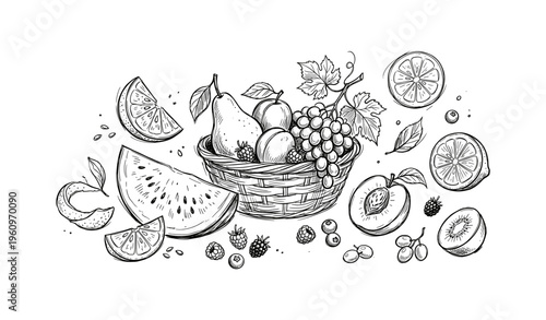 Hand-drawn basket of fruits with watermelon, pear, grapes, citrus, and berries