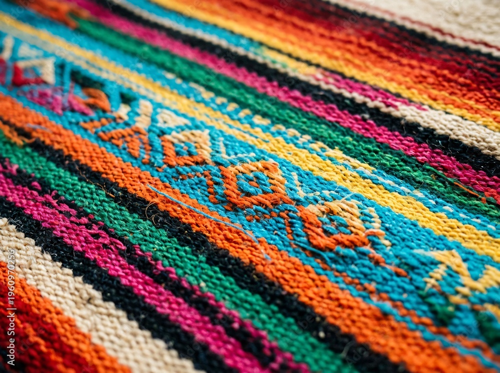 Obraz premium A Colorful, Detailed Shot of a Woven Rug. Close-up on a traditional textile with vibrant colors and intricate patterns. Focus on culture and craft