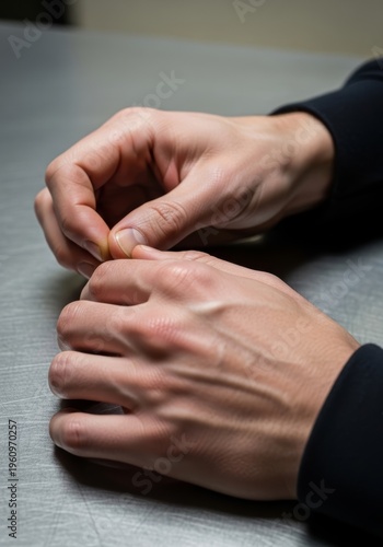 Man nervously wringing his hands while sitting at a metal table. Gesture of anxiety, stress, or tension. Close-up of male hands expressing worry, frustration, or deep concentration.