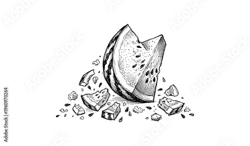 Monochrome watermelon sketch showing detailed textures and seeds
