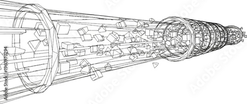 Wireframe rendering of a conical tunnel filled with geometric shapes