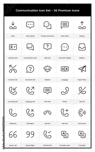 Communication & Language Icon Set. 40 Black Outline Icons. Phone, Call, Message, Chat, Translate, Inbox, Forward, Incoming, Outgoing, Comment, Text, Robot, Chatbot, Quotes, Article, Language