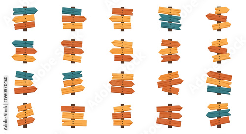 Collection of diverse colorful wooden arrow signposts pointing multiple directions, isolated on white, illustrating choices and guidance concepts