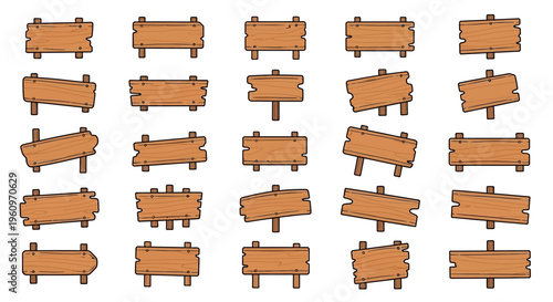 Collection of various blank rustic wooden signs and empty signboards for messages or directions, presented as vector illustrations on a clean white background.