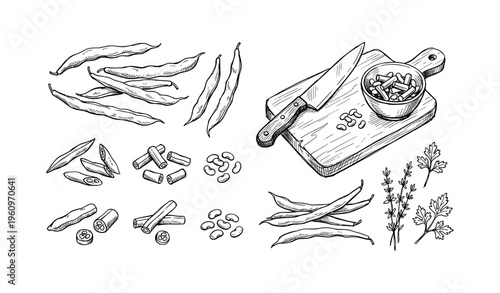 Hand-drawn kitchen scene with green beans and herbs on cutting board