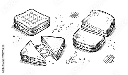 Variety of hand-drawn sandwiches with cheese and grilled marks in vintage style