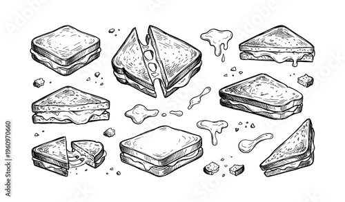 Collection of hand-drawn sandwich sketches with cheese and splatters
