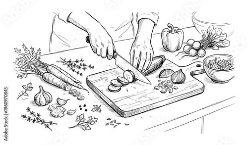 Hand-drawn illustration of hands slicing vegetables on a kitchen counter