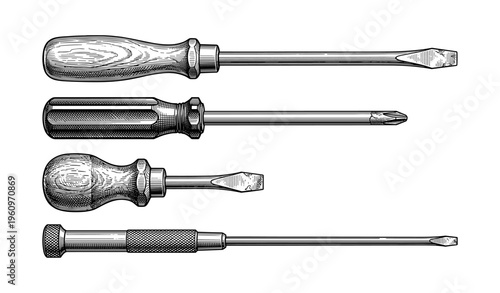 Variety of vintage screwdrivers: flathead and phillips tools illustrated