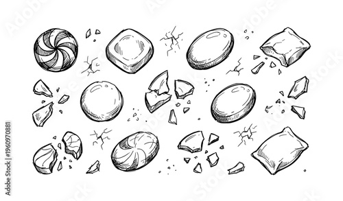 Hand-drawn candy and cookie collection with cracked details