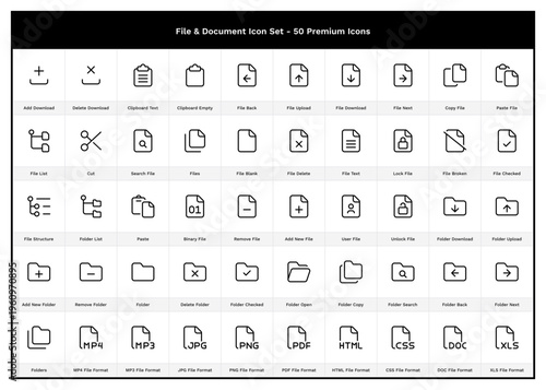 File & Doc Icon Set. 50 Document Outline Icons. File Format, Binary, Clipboard, Copy, Paste, Folder, Cut, Scissor, Office, Company, Legal, Author