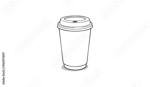 Minimalist line drawing of disposable coffee cup with lid on white background