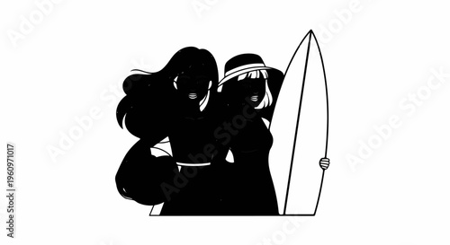 Two women in silhouette with a surfboard, ready for a beach day