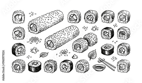 Hand-drawn sushi rolls with chopsticks and wasabi illustrations
