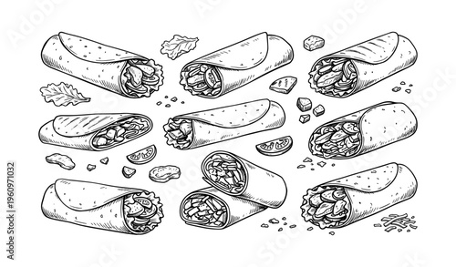 Hand-drawn burrito variations with ingredients on white background