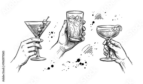 Hand-drawn cocktails: martini, highball, coupe glasses in detailed sketch style