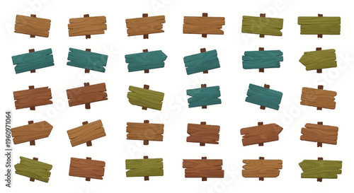 Vector illustration of assorted rustic wooden sign boards and direction arrows, ideal graphic assets for game interfaces or digital design effects.