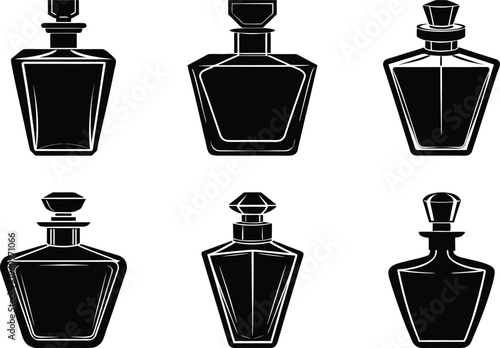 Elegant black perfume bottle and decanter silhouette vector icon set