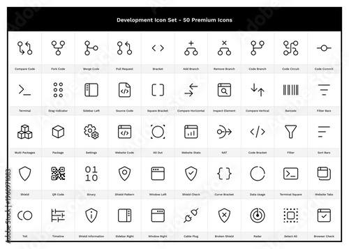 Git & Development Icon Set. 50 Software Outline Icons. Source Code, Binary, Engineer, Repository, Push, Commit, Merge, Pull, Request, API, Bracket