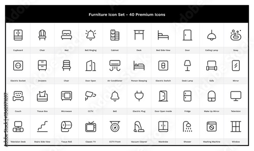 Furniture & Interior Icon Set. 40 Household Outline Icons. Cabinet, Bed, Vacuum Cleaner, Sofa, Lamp, Bell, Notification, Home, House, Interior, Couch, Electric, Charger, TV, Tissue, Stairs, CCTV