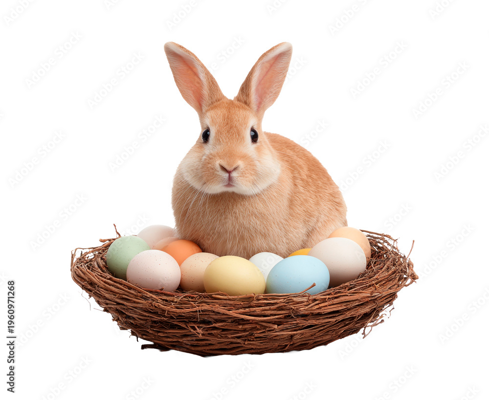Obraz premium Light brown rabbit sitting inside round nest with eggs on transparent background PNG