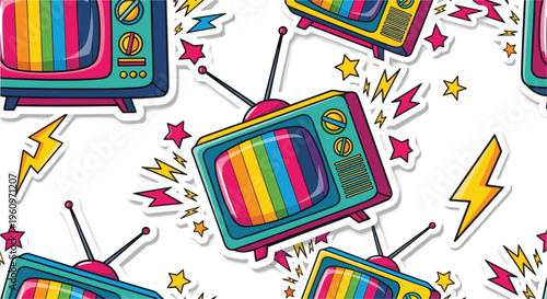 retro, television, cartoon, colorful, vintage, tv, screen, rainbow, illustration, pop art, media, broadcast, old, technology, design, funk