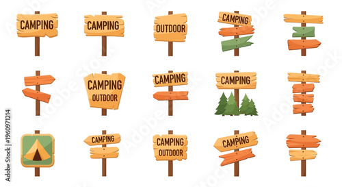 Cartoon style wooden signs for camping and outdoor adventures, a vector illustration set for nature travel and discovery.