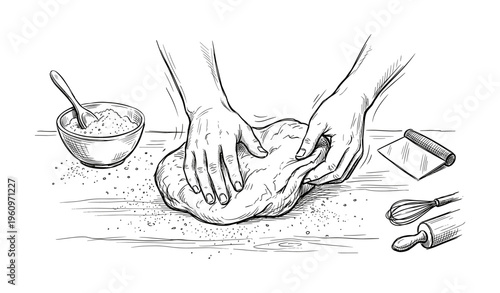 Hands kneading dough on wooden surface with baking tools in black and white illustration