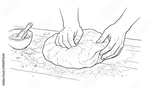 Hands kneading dough on wooden surface in black and white illustration